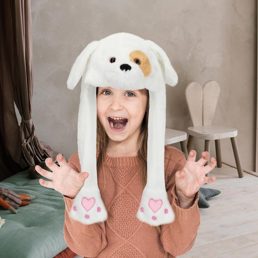 Kids Puppy Animal Hat with Ears Moving Jumping Pop Up Beating Plush Holiday - Picture 5 of 7